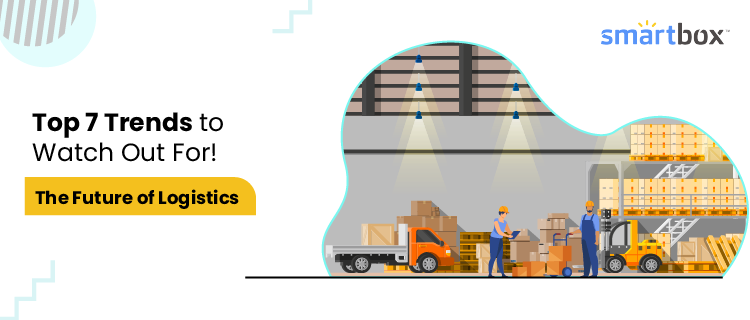 Illustration of a logistics warehouse in an abstract fluid shape with the text 'Top 7 Trends to Watch Out For! The Future of Logistics'
