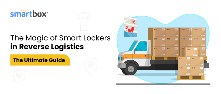 Logistics truck with packages on a white background and text 'The magic of smart lockers in reverse logistics: the ultimate guide'
