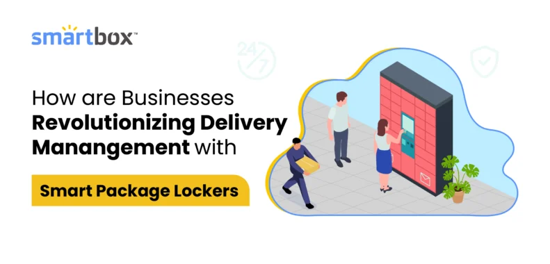 woman using smart package locker with the text 'how are businesses revolutionizing delivery management with smart package lockers'